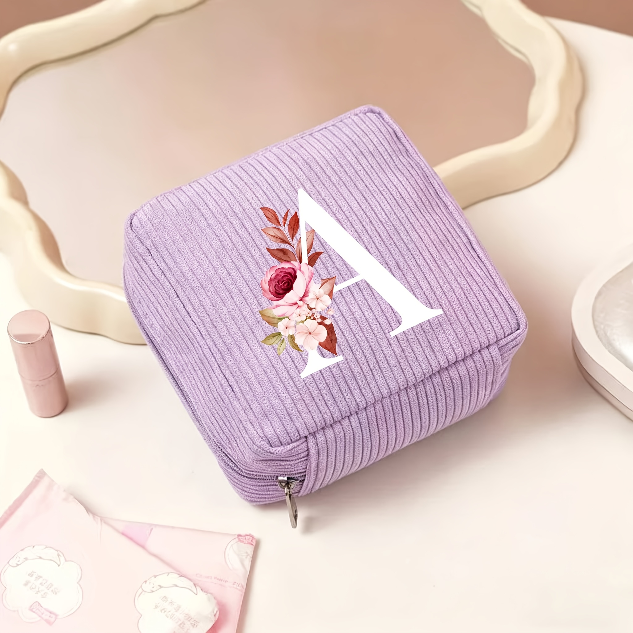 TEMU 1pc Letter A-z Rose Floral Pattern Sanitary Pad Storage Bag Large Capacity Portable Makeup Bag ' Swab Organizer Women' Purse Makeup Bag Holiday