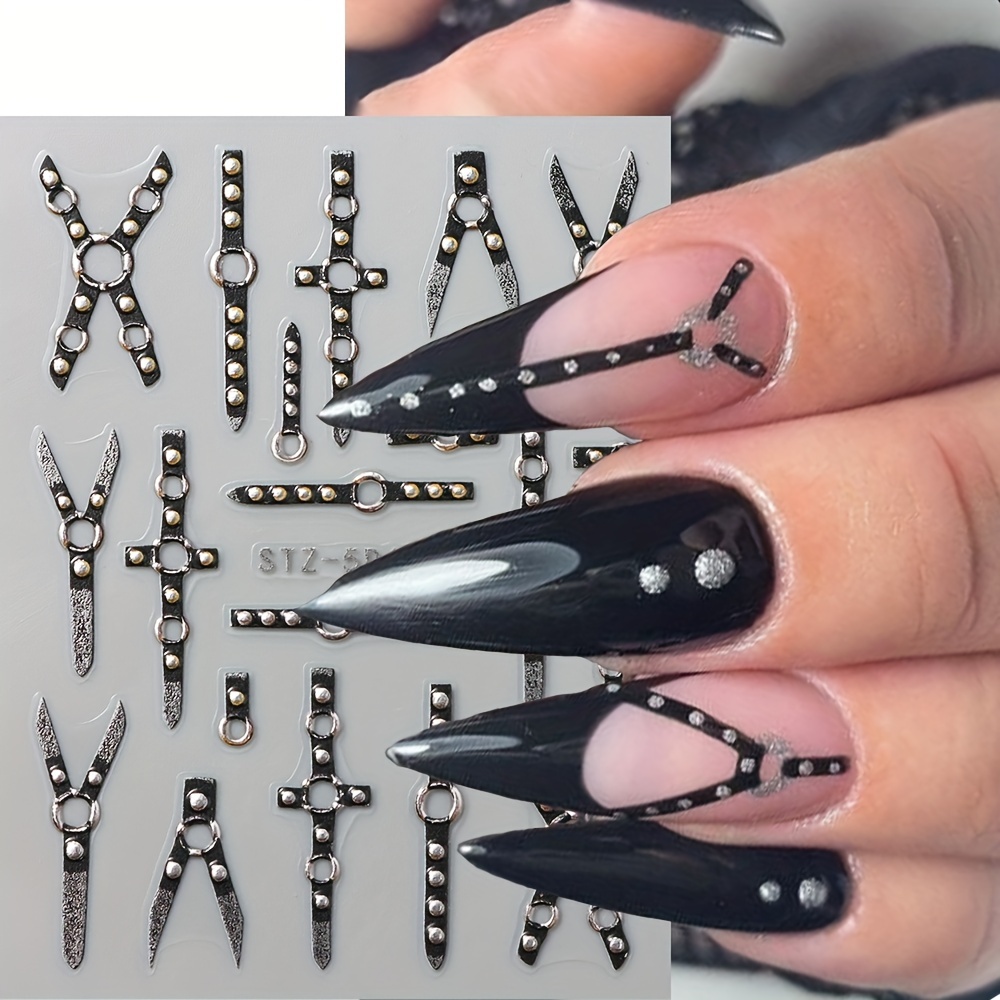 

5d Nail Art Stickers Set - 2pcs 3d Embossed Gothic Punk Cross X-shape Nail Decals, Self-adhesive Plastic Stripes With Glitter Finish, Irregular Anime Themed Nail Embellishments For Single Use