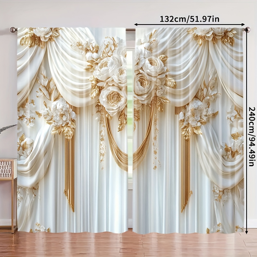 TEMU 2pcs, 2d Elegant Retro Curtains, European -style Printed Curtains, Art , Machine Washable Fabric, For Suitable For Bedroom, Living Room, Kitchen