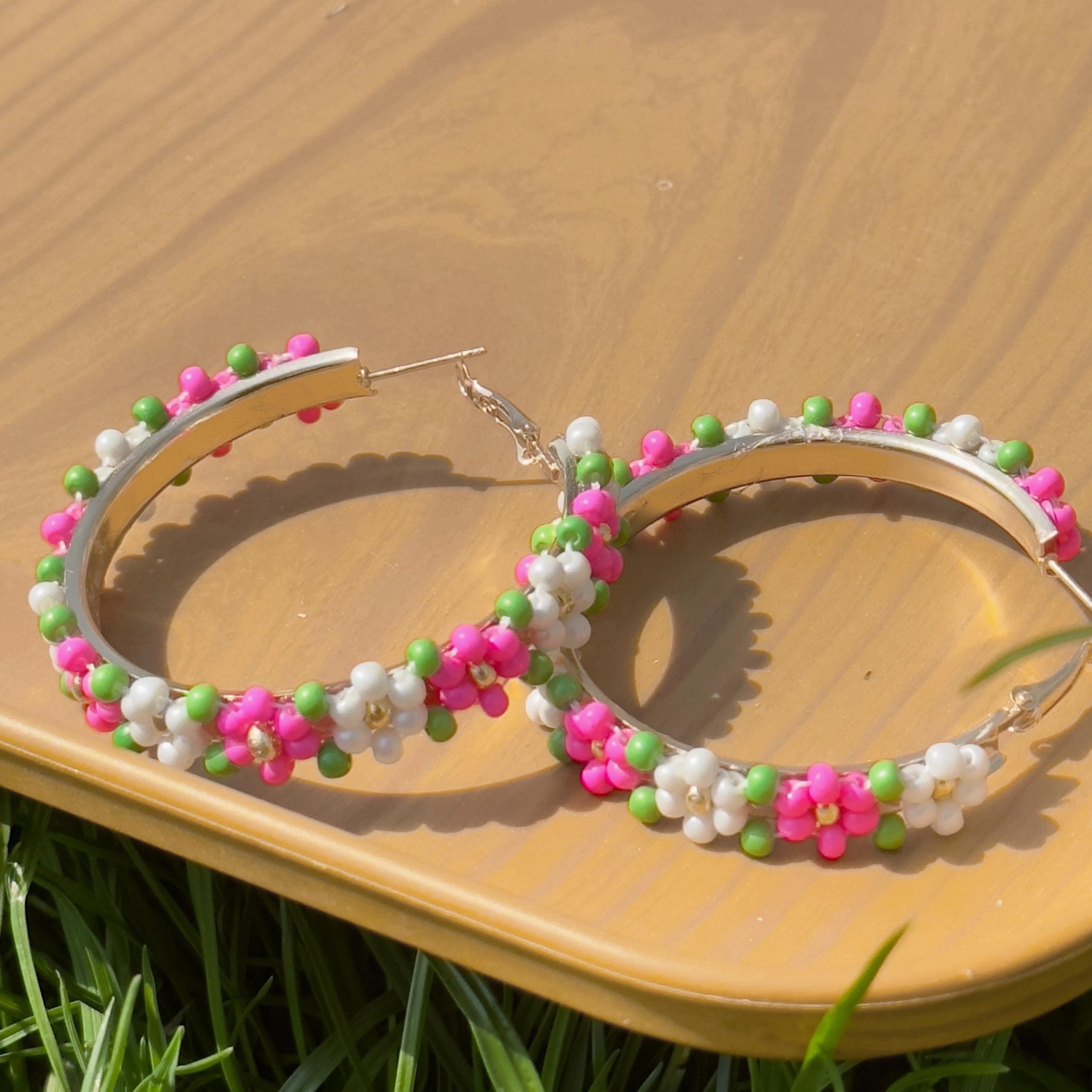 Boho Beaded Hoop Earrings Set, Handwoven Flower Ear Needle