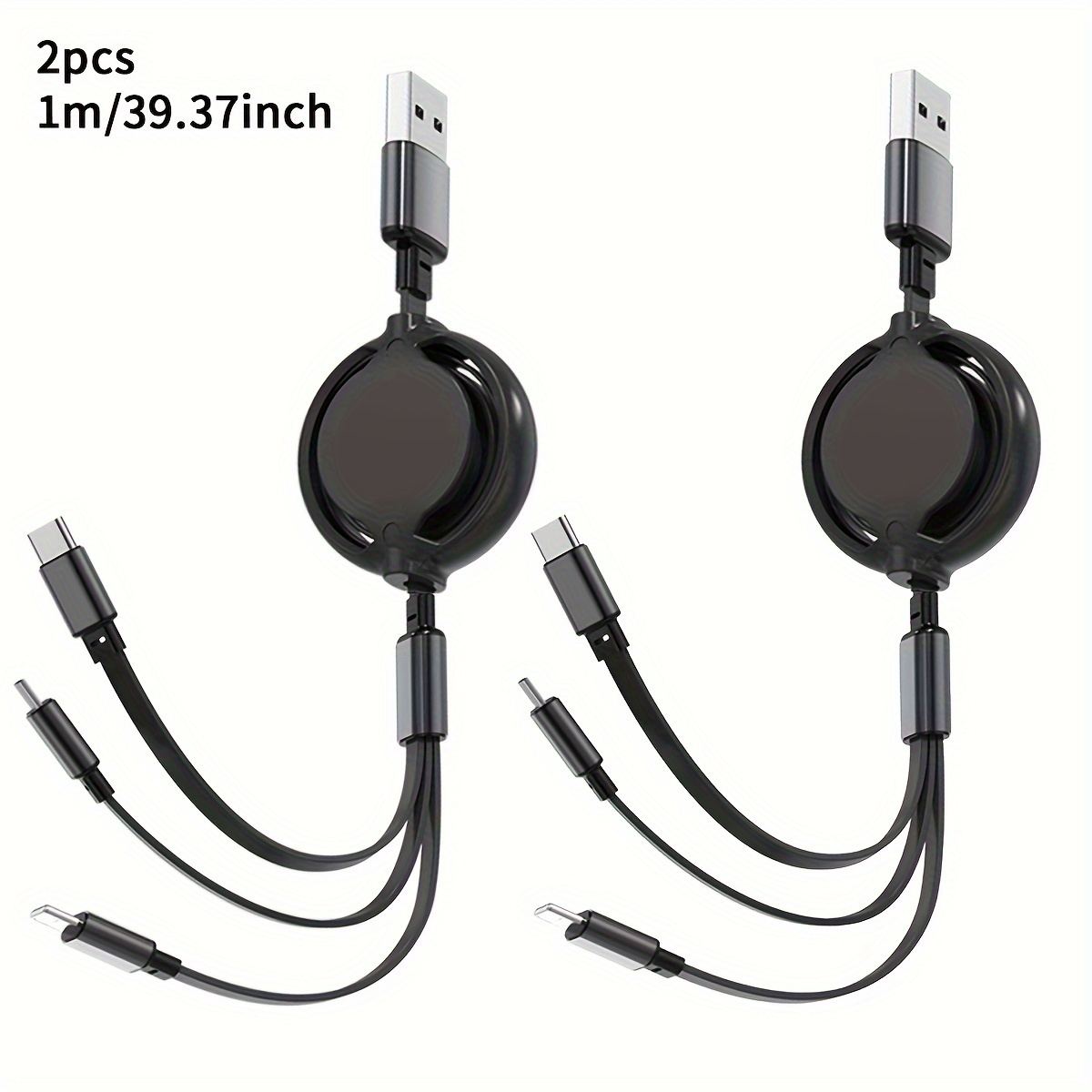 TEMU Jogrytece 2pcs 1m/ 3ft 3 In 1 Retractable Usb Cable Mfi Certified 3 In 1 Usb Black Charging Cable With Type-c, Micro Usb, Ip Port For Most