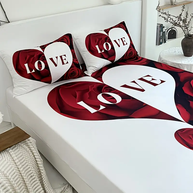 3pcs red and heart bed sheet 1pc bed sheet 2pcs pillowcase no filling deep pocket in 15 inch machine washable hypoallergenic high quality mattress protector bedroom high definition printing room decor couple gifts Product details 5