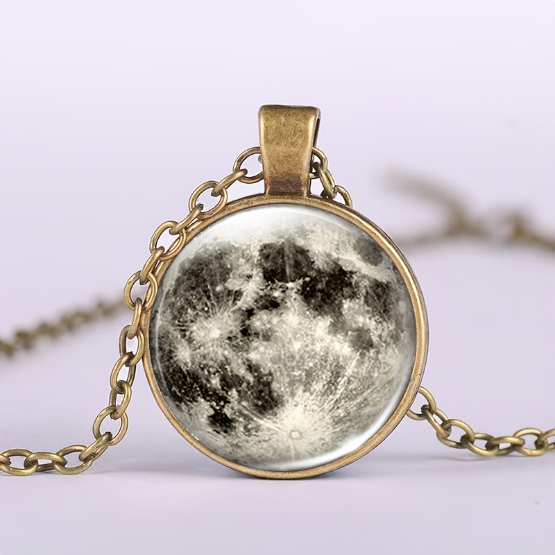 TEMU 1pc Packaging, Brown Metal Chain Necklace Pendant With A Gray Lunar Surface Pattern Featuring Uneven And No Figures, Astronomical Observation