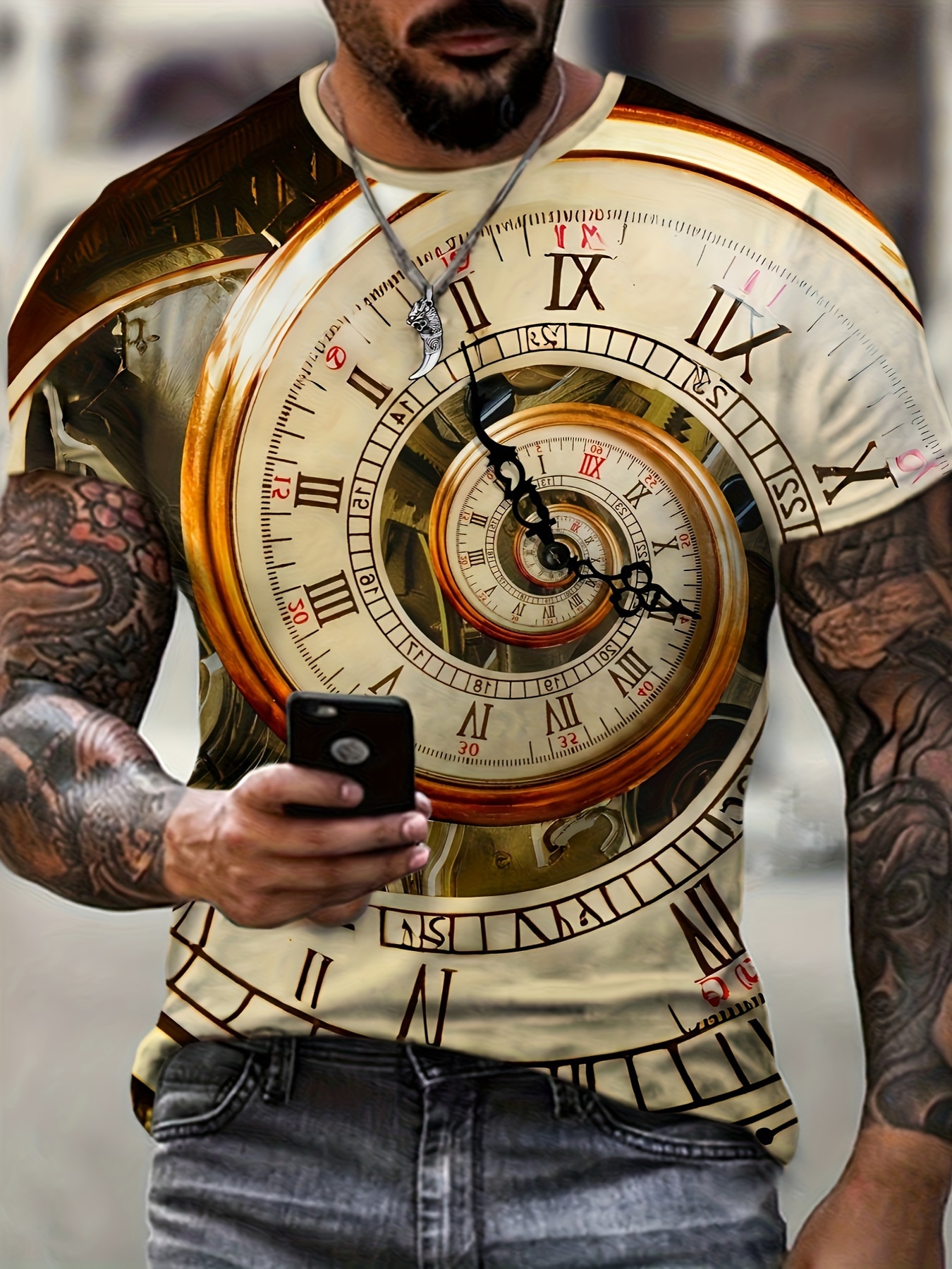 Men's Crypto Gear Abstract Clock 3D Print T-Shirt - Slim Fit, Short Sleeve Casual Tee for Summer & Leisure Wear, PLUS SIZE
