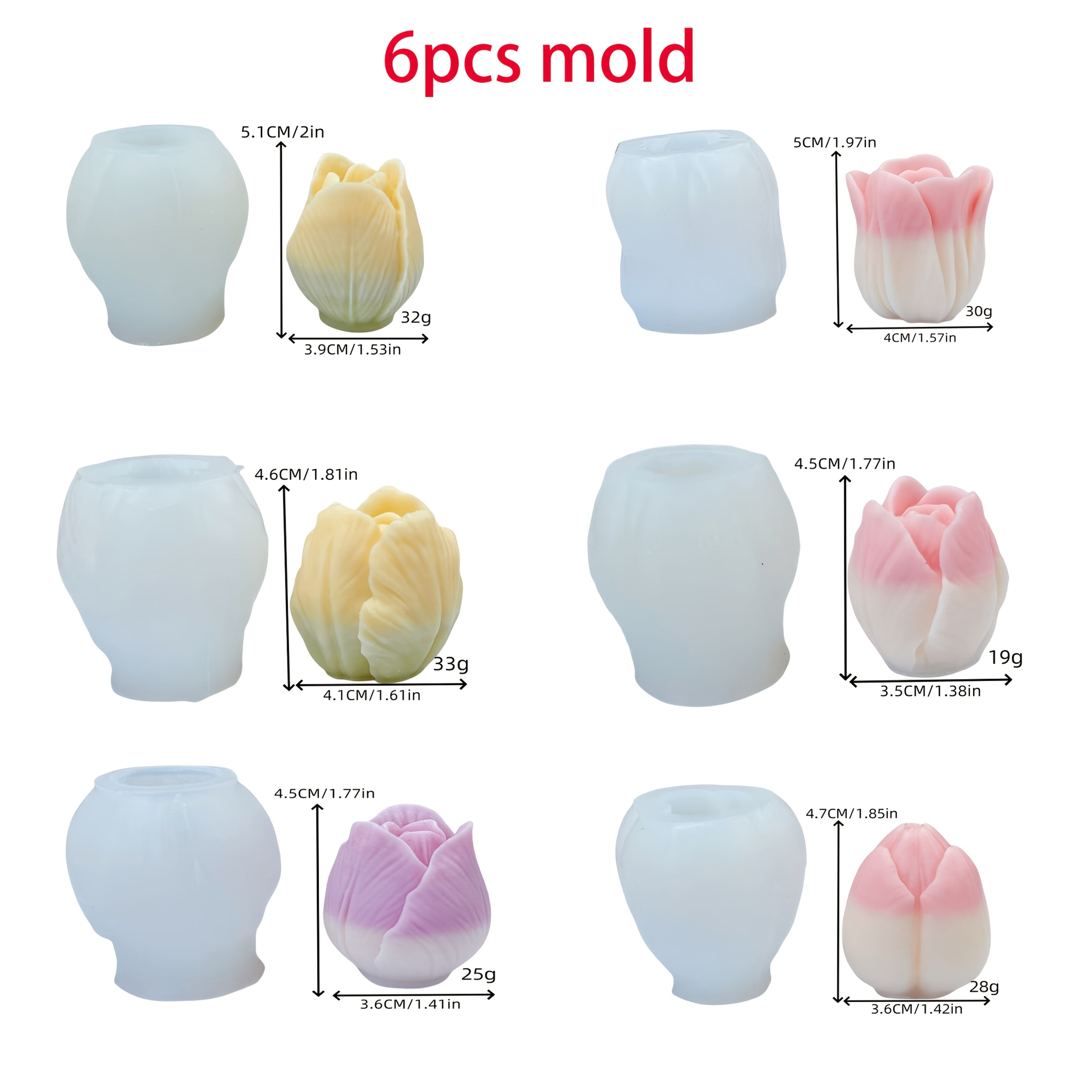 E-shop 6er-Set Tulpenblumen Kerzenform, Tulpen Multi Style Kollektion Silikonform, Aromatherapie Kerze, Gips, Harz Gießform, Handwerk, Luxus Deko