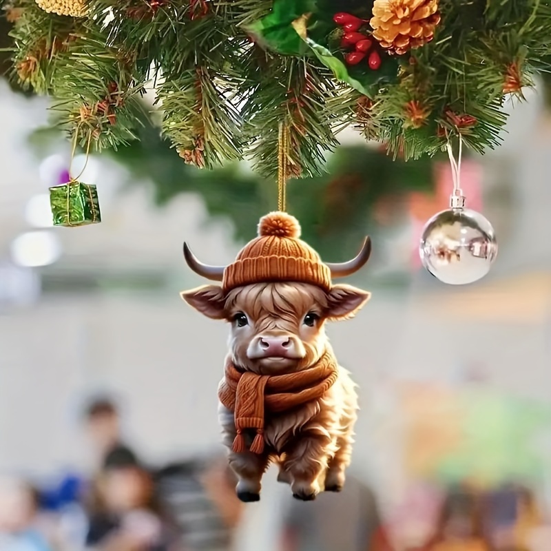 

Highland Cow Acrylic Christmas Tree Ornament - Washable, Battery-free Holiday Decor For Home & Bedroom, Flat, Pendant, Couple Beauty Room