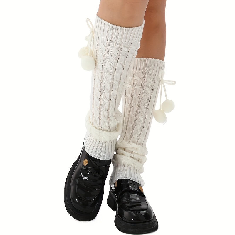 TEMU [Herfst Winter Stijl] 1 Paar Plus Size Dames Naald Kabel Knie Sokken Witte Pom Pom Tube Sokken
