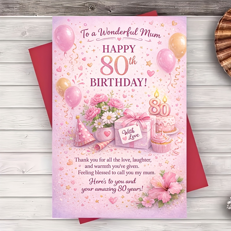 TEMU 1 Envelope And 1 Greeting Cardmum 80th Birthday Card Pink Floral And Balloons For Daughter Son Family For Party Celebration And Milestone Gift