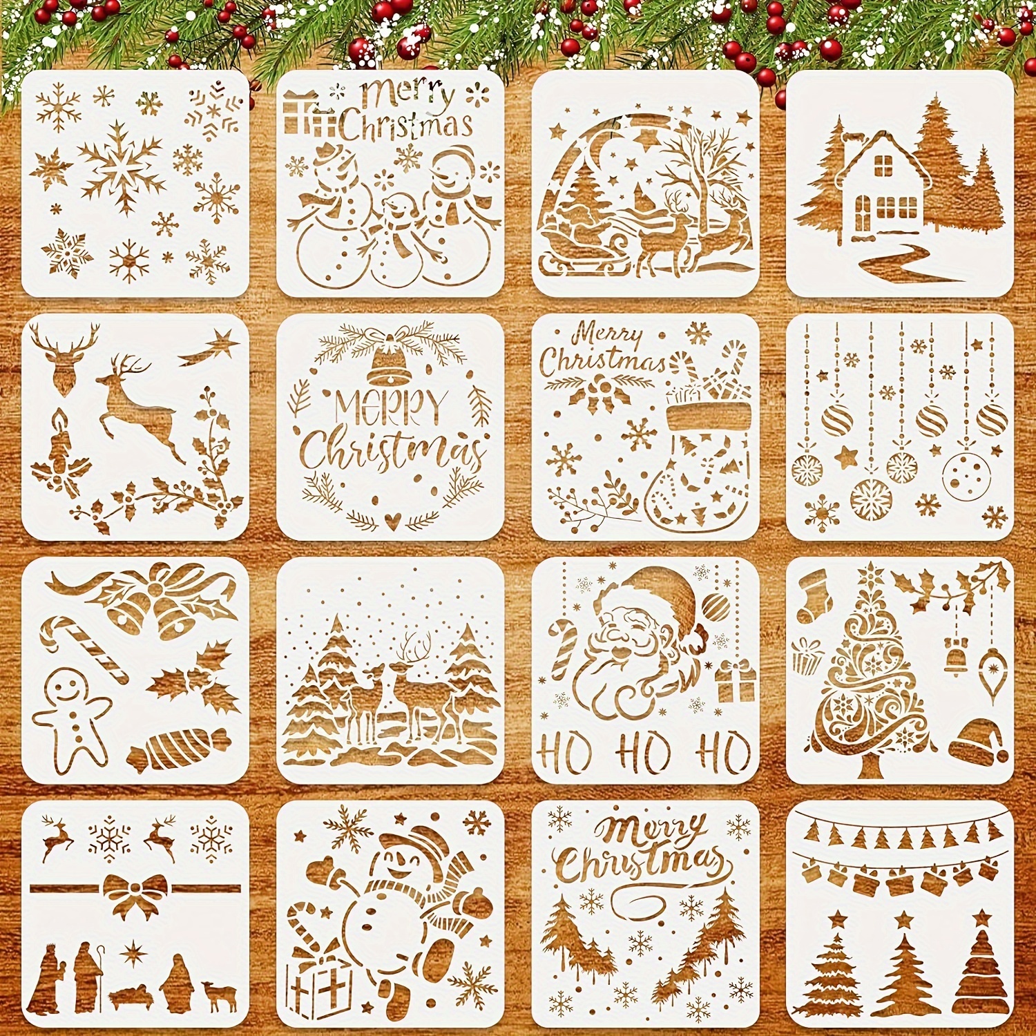 Image of 16 Christmas Stencils For Painting, 5x5 Inches (approximately 12.7 X 12.7 Cm) - Reusable Christmas Templates For Projects On Christmas Cards Or Decorations