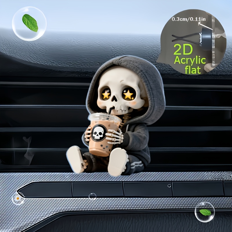 TEMU 2d Flat, 1pc Gothic Skeleton Drinking Milk Tea Car Air Vent Clip Decor - Diy Perfume/oil Compatible Suitable For Dashboard, Odorless Sponge Pads