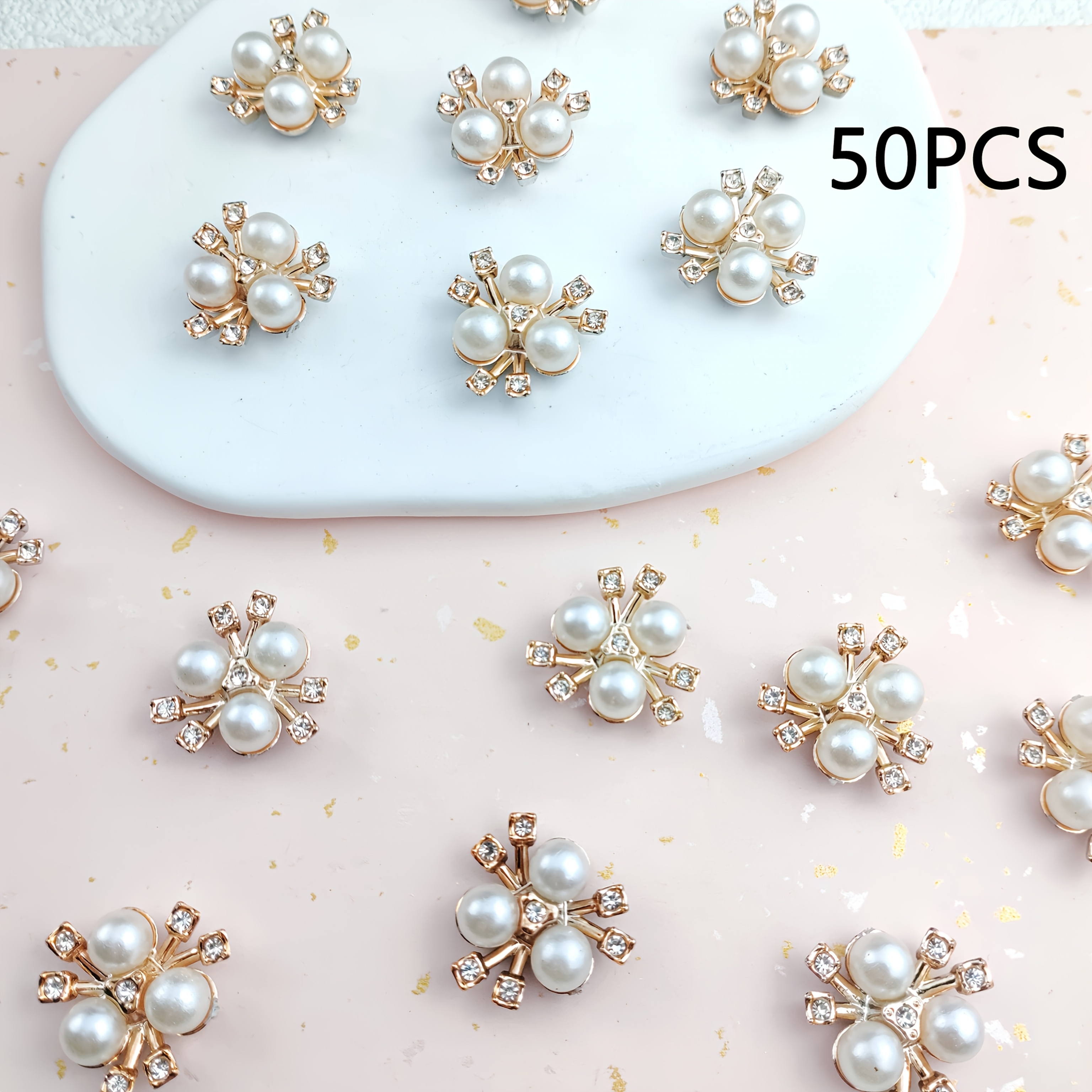 TEMU 30/50pcs Golden & White Acrylic Beads With Rhinestones - Sparkling Charms For Clothing, Hair Additions, Bags & Gift Embellishment