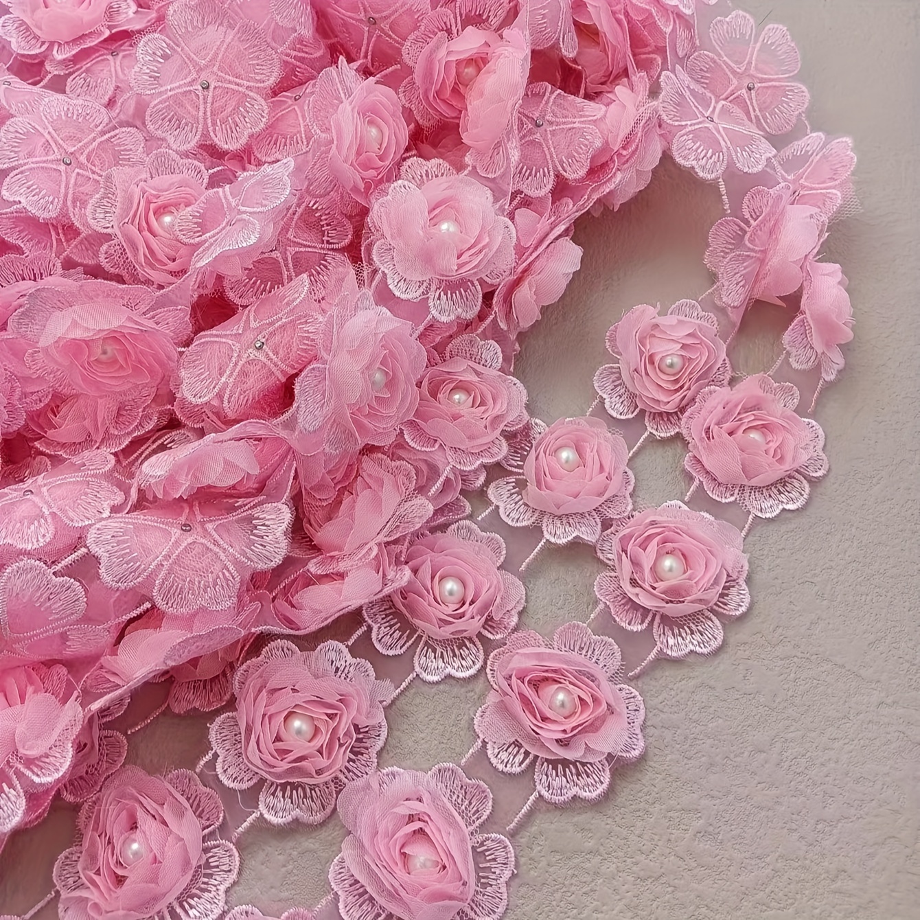 

Pink 3d Embroidered Netting Flower Lace Trim For Clothing, Accessories, And Home Decor - 90cm/35.43in Length, 4.5cm/1.77in Width