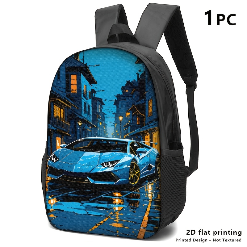 TEMU Printed Design-not Textured 1pc/2pcs/3pcs Backpack, Crossbody Bag, And Pouch, All Featuring A With A Sleek Supercar On Rain-slicked Streets,