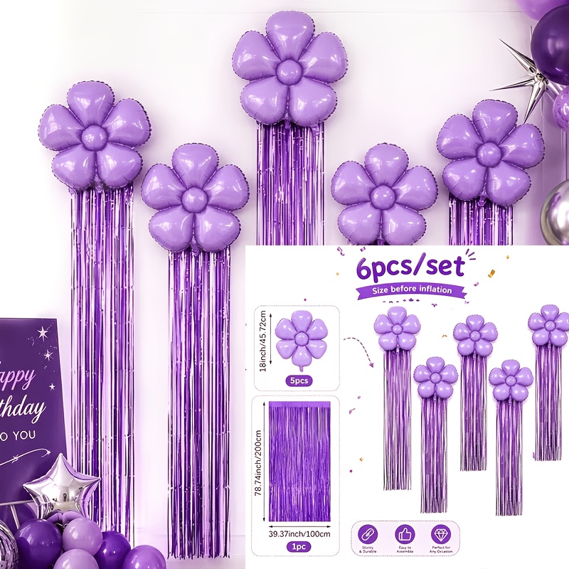 TEMU [bundle] Photography Props 18-inch Purple Flower Balloon With Metallic Tassel Backdrop Kit, 5pcs Daisy Flowers And 2-meter Tassel Background,