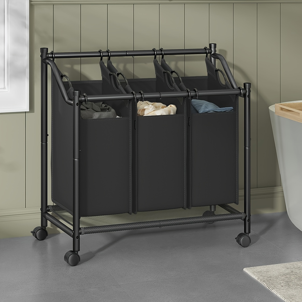 TEMU Songmics Laundry Sorter, Laundry Hamper, Rolling Laundry Basket With 3 Removable Bags, Laundry Cart, For Laundry Room, Bedroom, Bathroom, .9