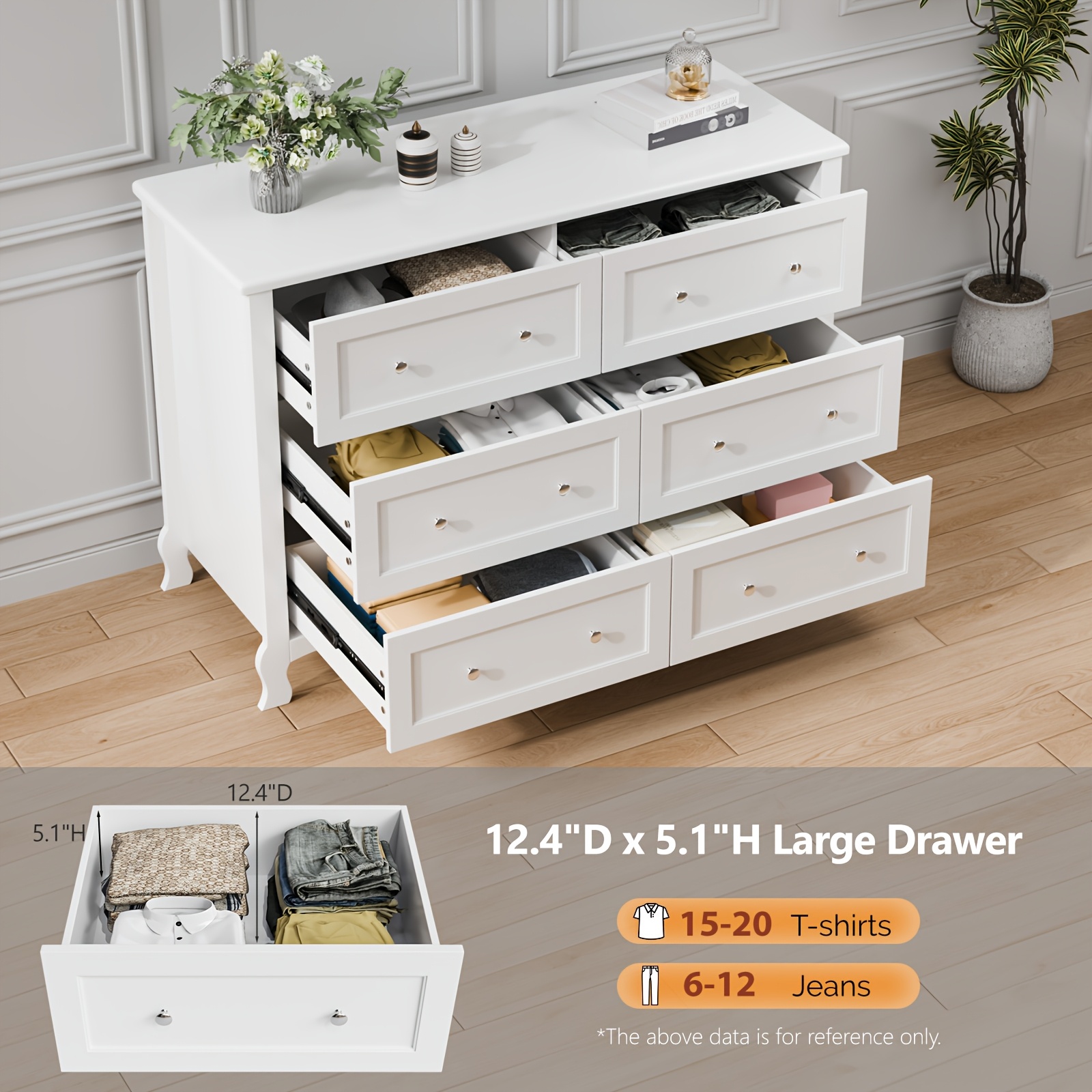 Bonnlo Wood Dresser Chest Of Drawers, Clothes Storage Dressers with Curved Legs And 6 Drawer for Bedroom
