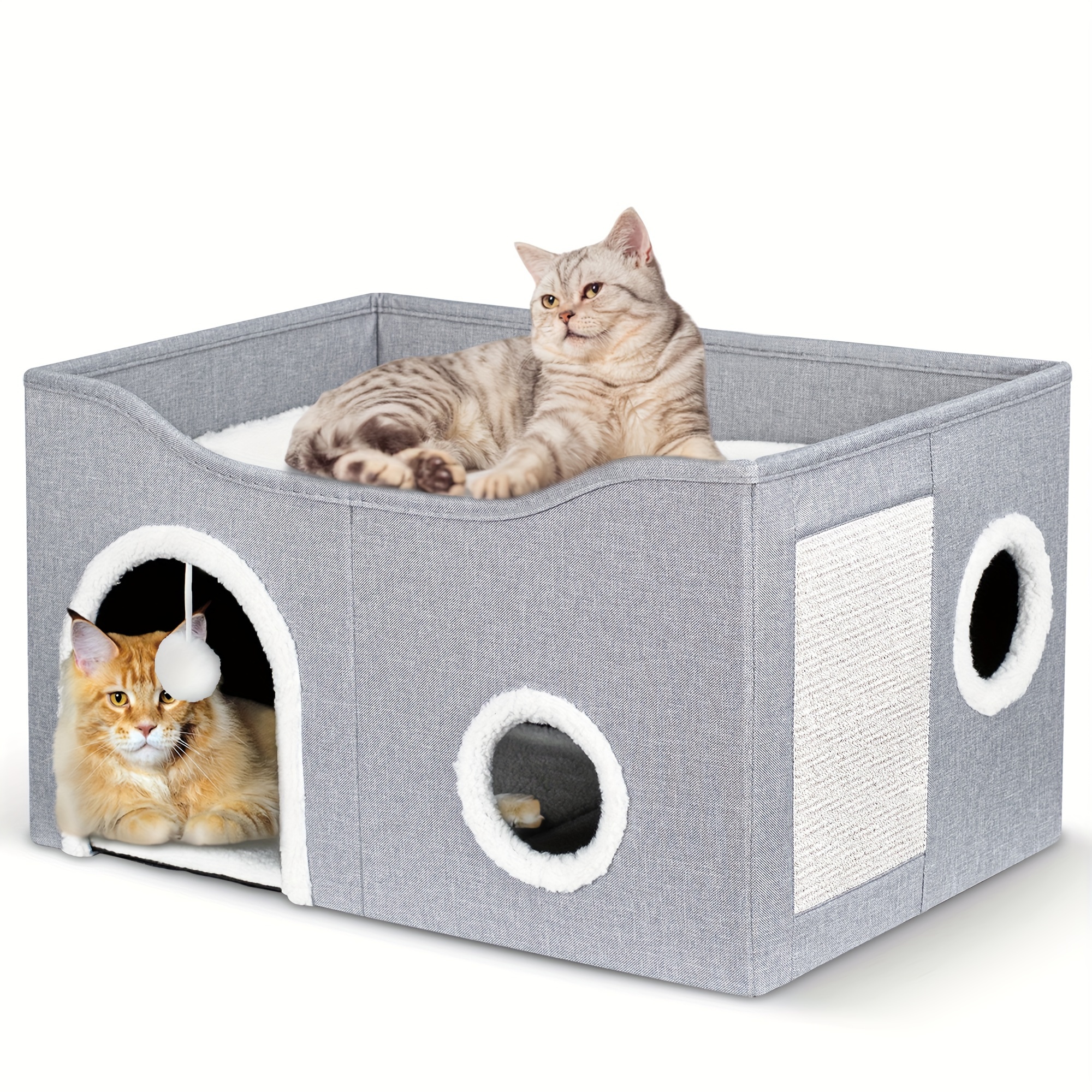 

Cat House For Indoor Cats - Large Cat Bed Cave With Fluffy Ball And Scratch Pad, Foldable Cat Condos, Cat Cubes, Cat Hideaway, Covered Cat Bed