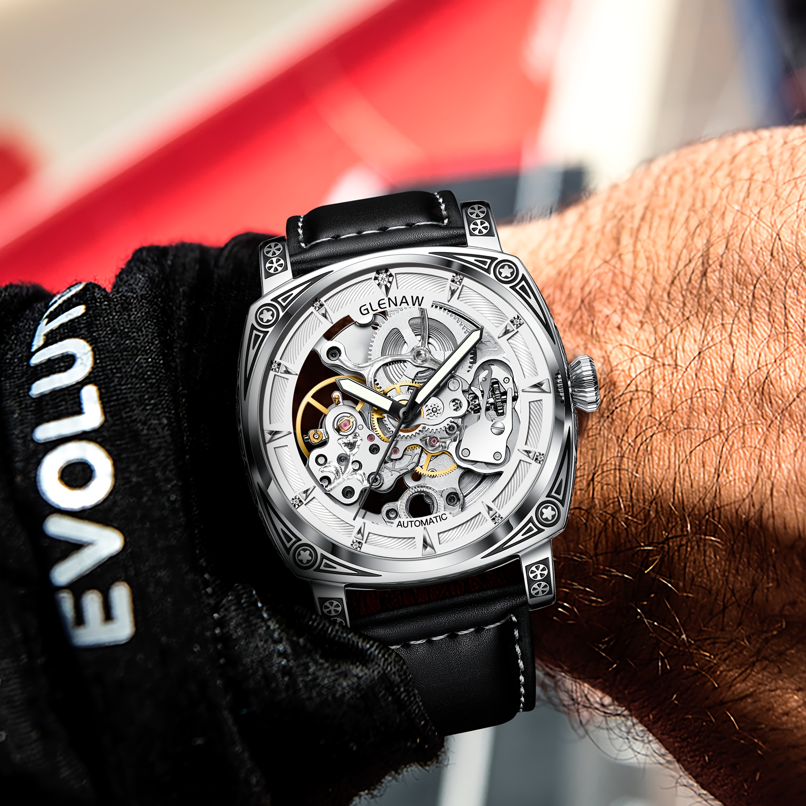 mens automatic mechanical watch elegant   dial waterproof up to 30  steel black   leather strap skeleton back with intricate movement date display ideal gift for him details 3