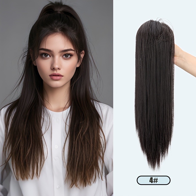 TEMU Synthetic Claw Clip Ponytail Extension For Women - Mid-length Straight Hairpiece, Clip-in Hair Accessory For Effortless Daily Styling