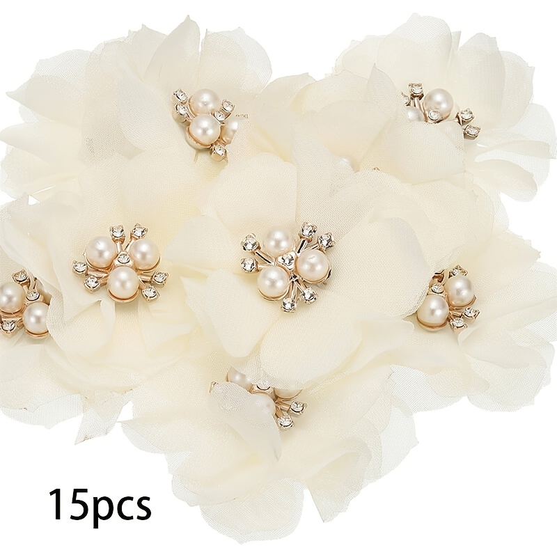 TEMU 15pcs Fleur de perle artificielle à fond plat en tissu, pour la création de vêtements artisanaux, jupes, chouchous, etc.