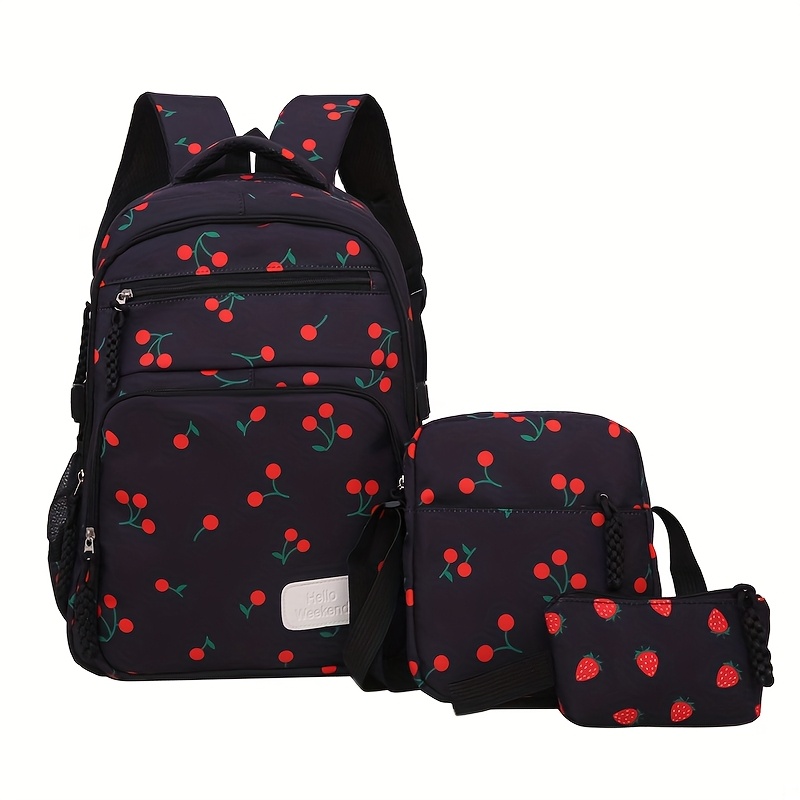 TEMU 3-teiliges modisches Rucksack-Set mit Frucht-Aufdruck, Schultasche mit großem Fassungsvermögen, lässiger vielseitiger trendiger Damenrucksack