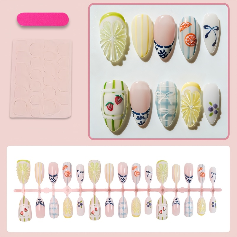 TEMU 30pcs Medium Almond Shape Press On Nails Spring And Summer Fruits Nail Art 3d Fruits, Belt Bow, Striped Suitable For Daily Wear And Festive Use