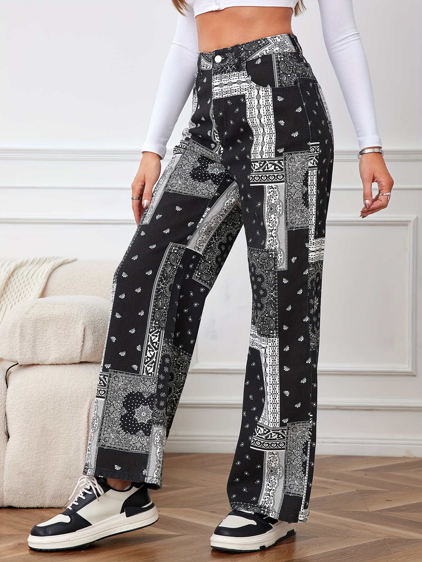 Floral Print Straight Leg Jeans, Casual Street Style Denim Pants - Temu  United Arab Emirates