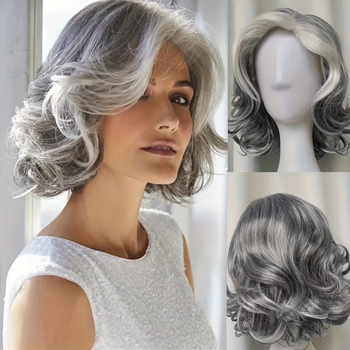 

12" Silvery White & Grey Wavy Wig - Mixed Shades, Full Synthetic Hair With Natural Appearance, Ideal For Daily Wear Or Roleplay, Short Length