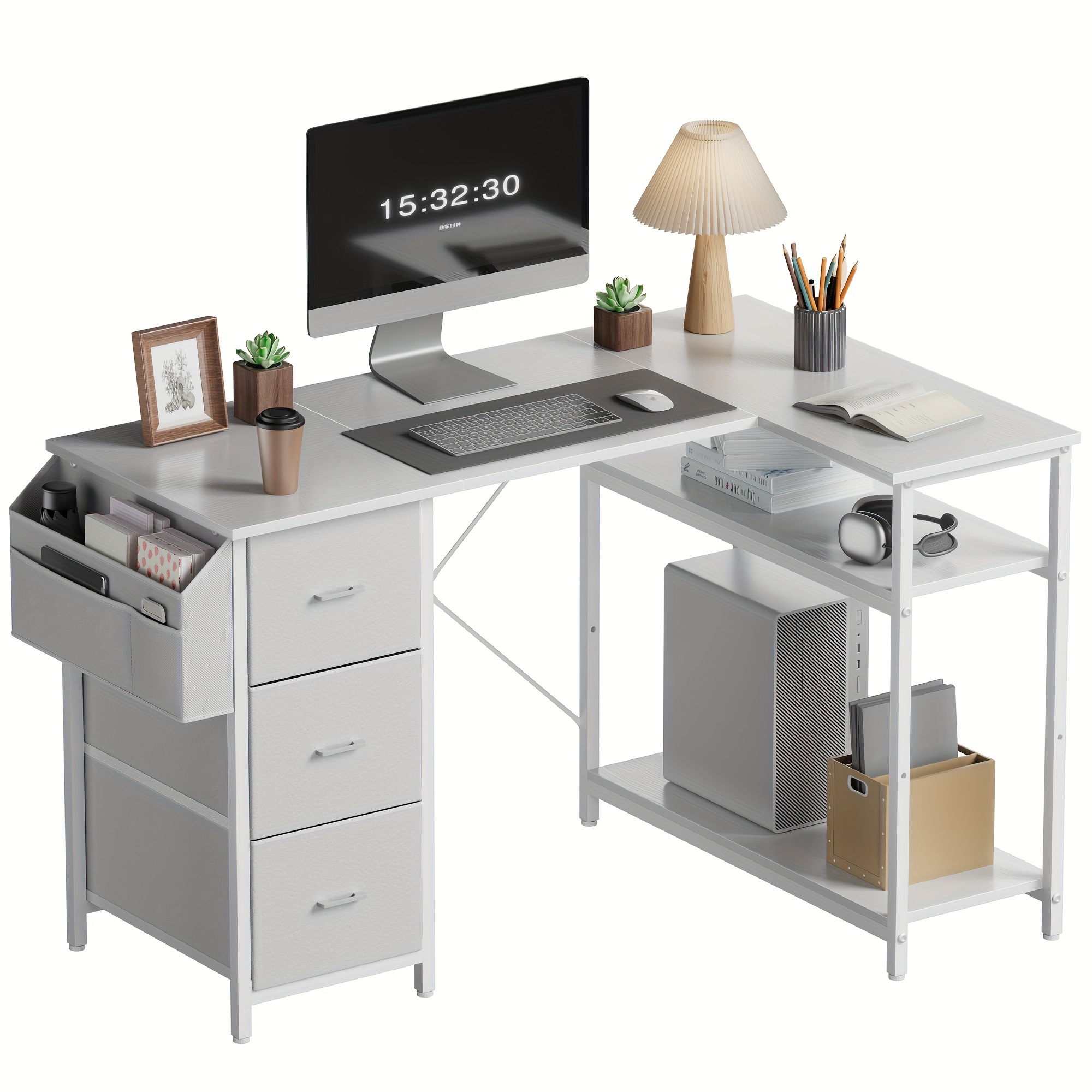 47/55 Inch L-shaped Computer Desk With 3 Drawers, Gaming Desk With Side Storage Pockets, Two-tier Storage Shelf Office Desk For Office, Bedroom