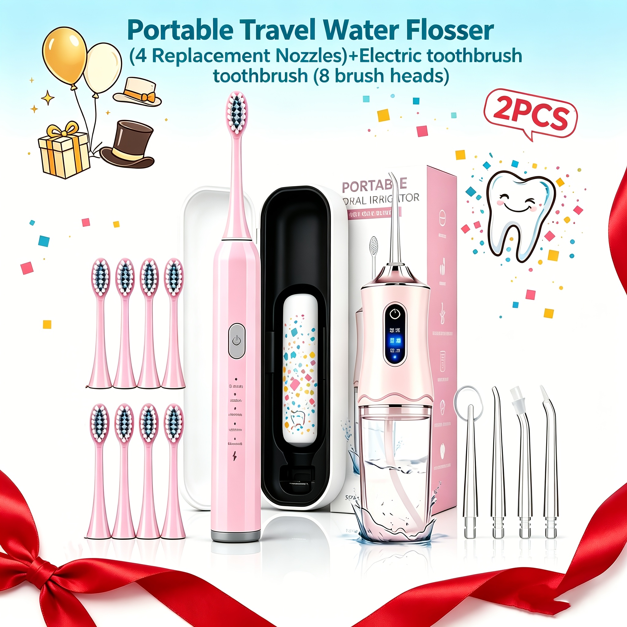 [travel Portable Water Flosser (4 Nozzles) Soft-bristle Electric Toothbrush (8 Brush Heads)] -one Oral Care Set,…: retailer-supplied image