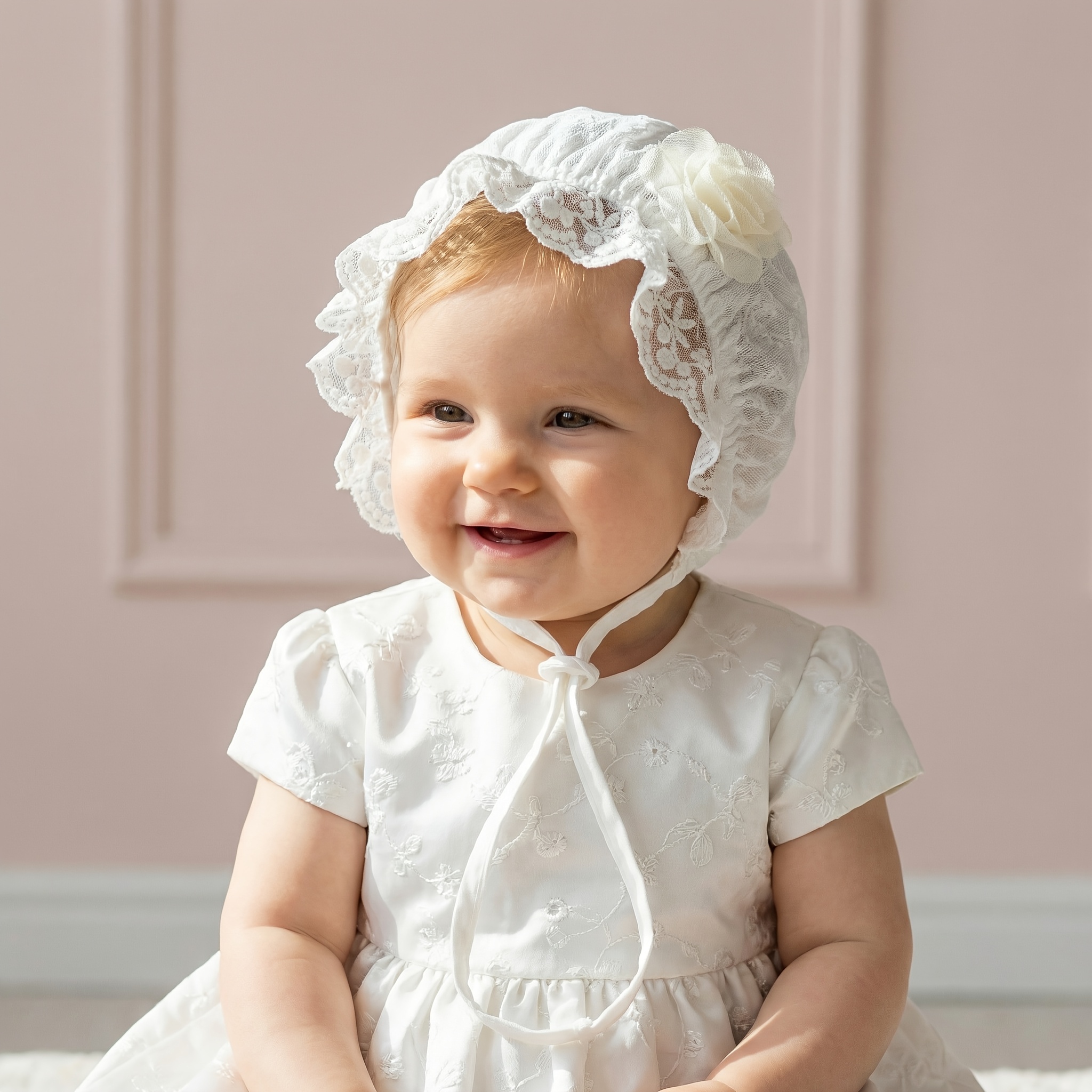 Image of A Flower Series 0-10m Lace Children's Hat With Floral Decoration, Newborn Christening Hat | Newborn Photo Prop Gift Set For Baby , Vintage Lace Baby Bonnet Christening Hat For Newborn