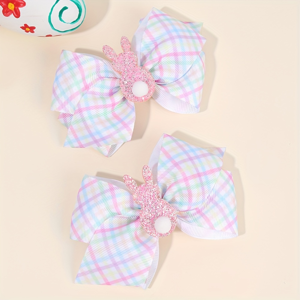 

2-pack Glitter Bows, Cute Sparkly Tartan Polyester Bow Clips, Animal Pattern Hair Accessories For Teens, Non-woven Fabric, Ideal For & Easter Gifts