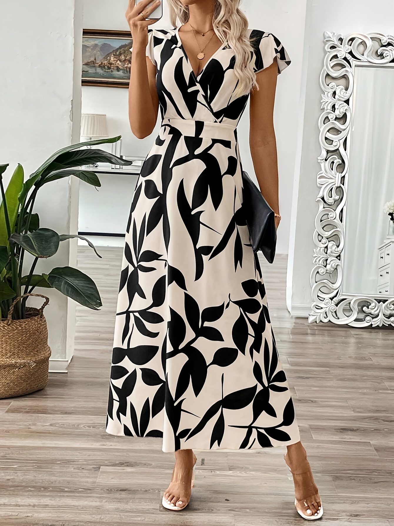 Vestido Largo Con Escote En V, Mangas Acampanadas Y Estampado Floral Para Mujer Media Manga Primavera Y Otono P18490165