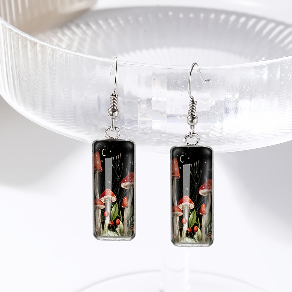 

Elegant Moon & Mushroom Rectangular Dangle Earrings - Stainless Steel With Glass Accents, Perfect Gift , Moon Mushroom, Earring, Glass Dome, Jewelry Gift