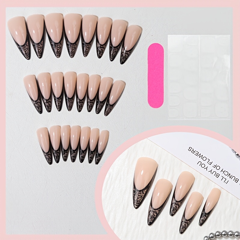 TEMU 24 stuks nude-zwarte kanten opdruk-nagels in Franse stijl, ijzig doorschijnende nude stiletto-vorm, prachtig zwart kanten uitgesneden met Franse