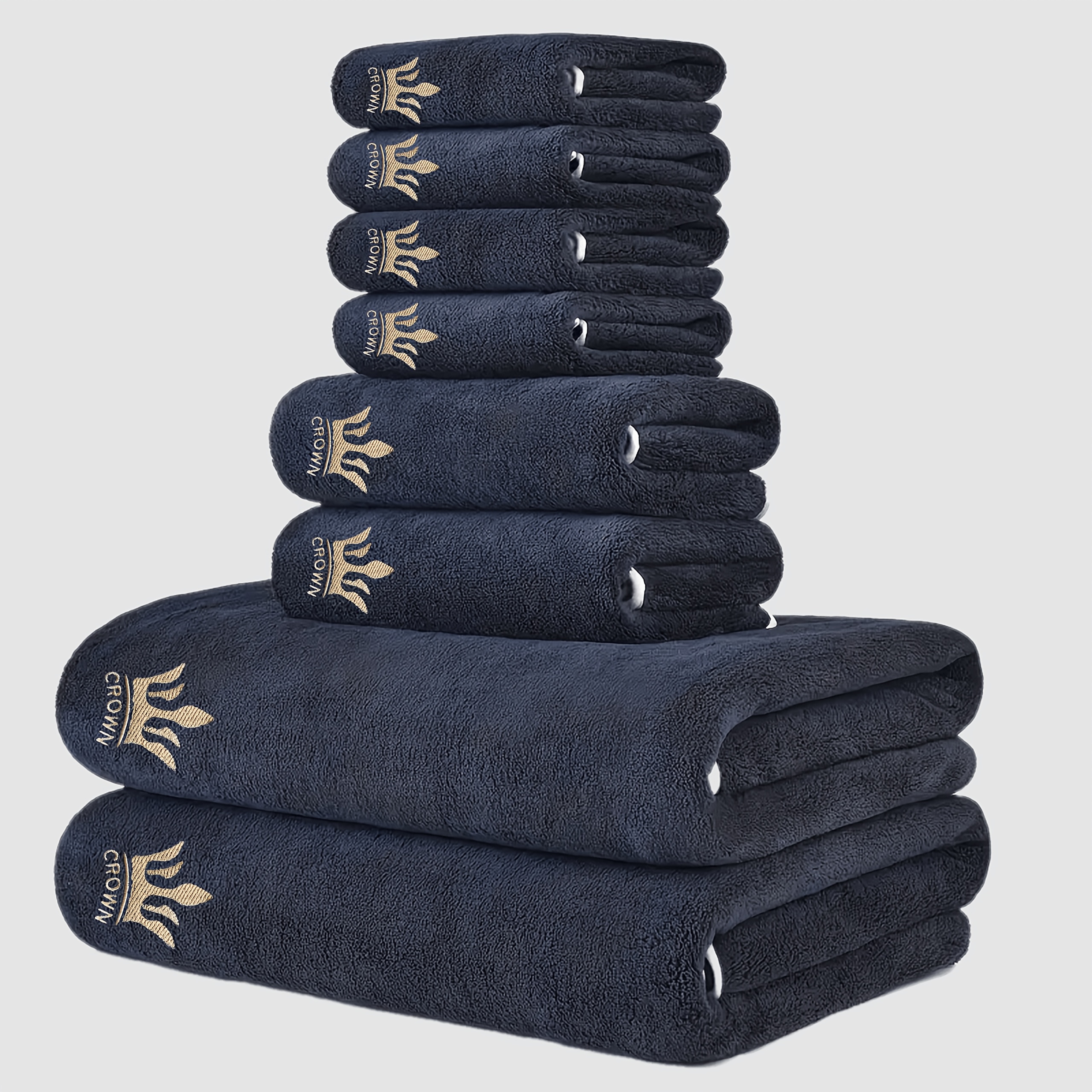 TEMU 8pcs Coral Fleece Towel Set Made Of Microfiber With Crown Embroidery Set Contents: 2 Bath Towels (70x140cm) 2 Hand Towels (42x70cm) Hand Towel