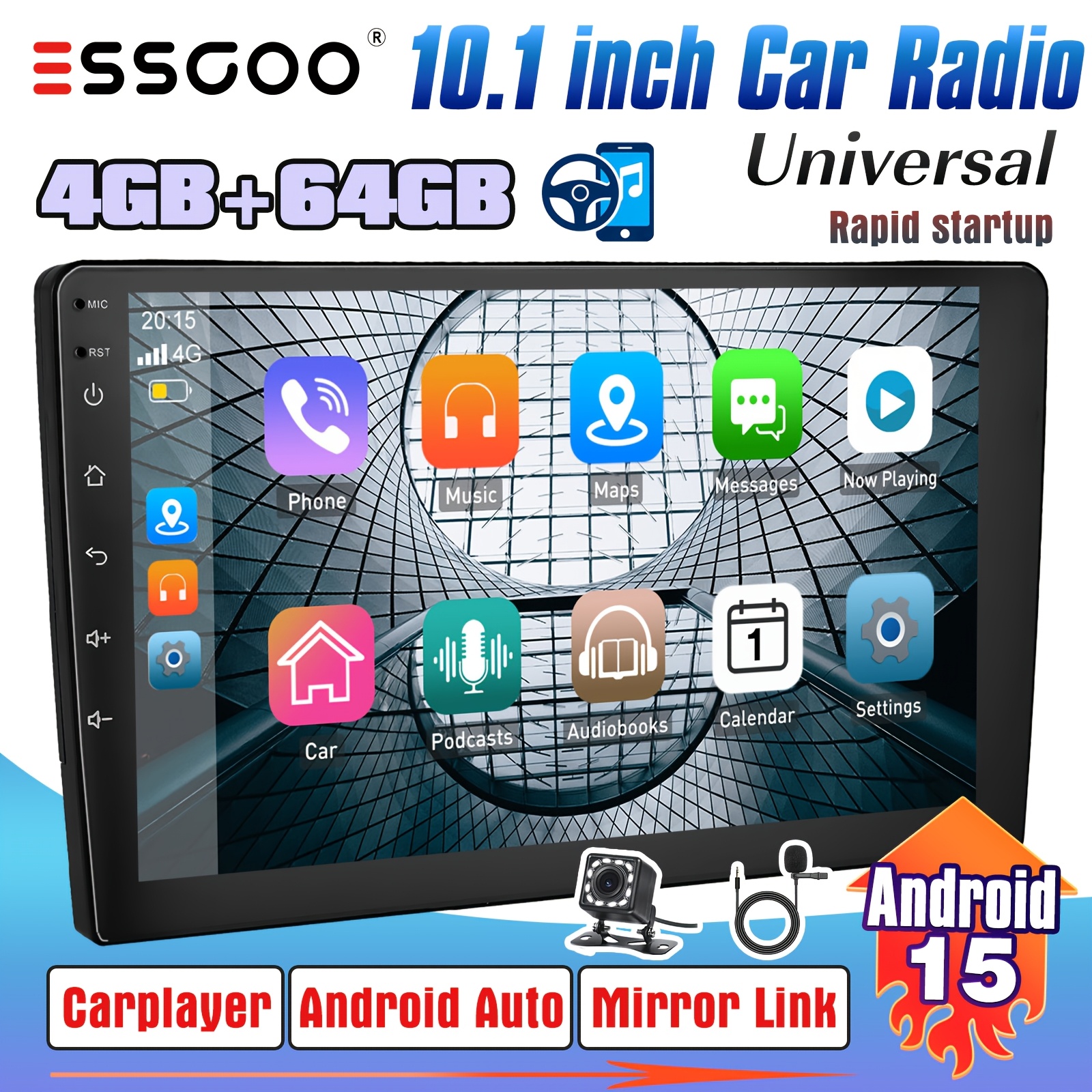 Image of Essgoo 2din 15 Universal Car Stereo | 10.1-inch Ips Touchscreen Display | 4gb + 64gb Rom | Wireless Carplayer & Auto | With Gps Navigation & | Audio With Asp Settings | Full Swc &