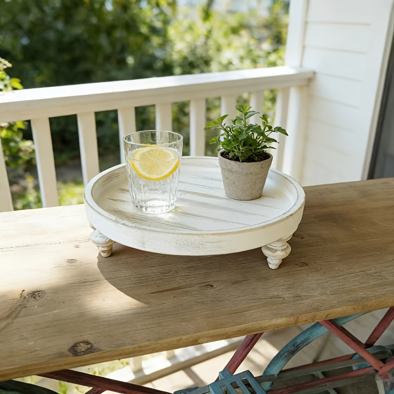 1pc 11.6-inch Round Wooden Tray | White, Distressed, Rustic Farmhouse Style - Ideal for Living Room, Table, Kitchen Decor