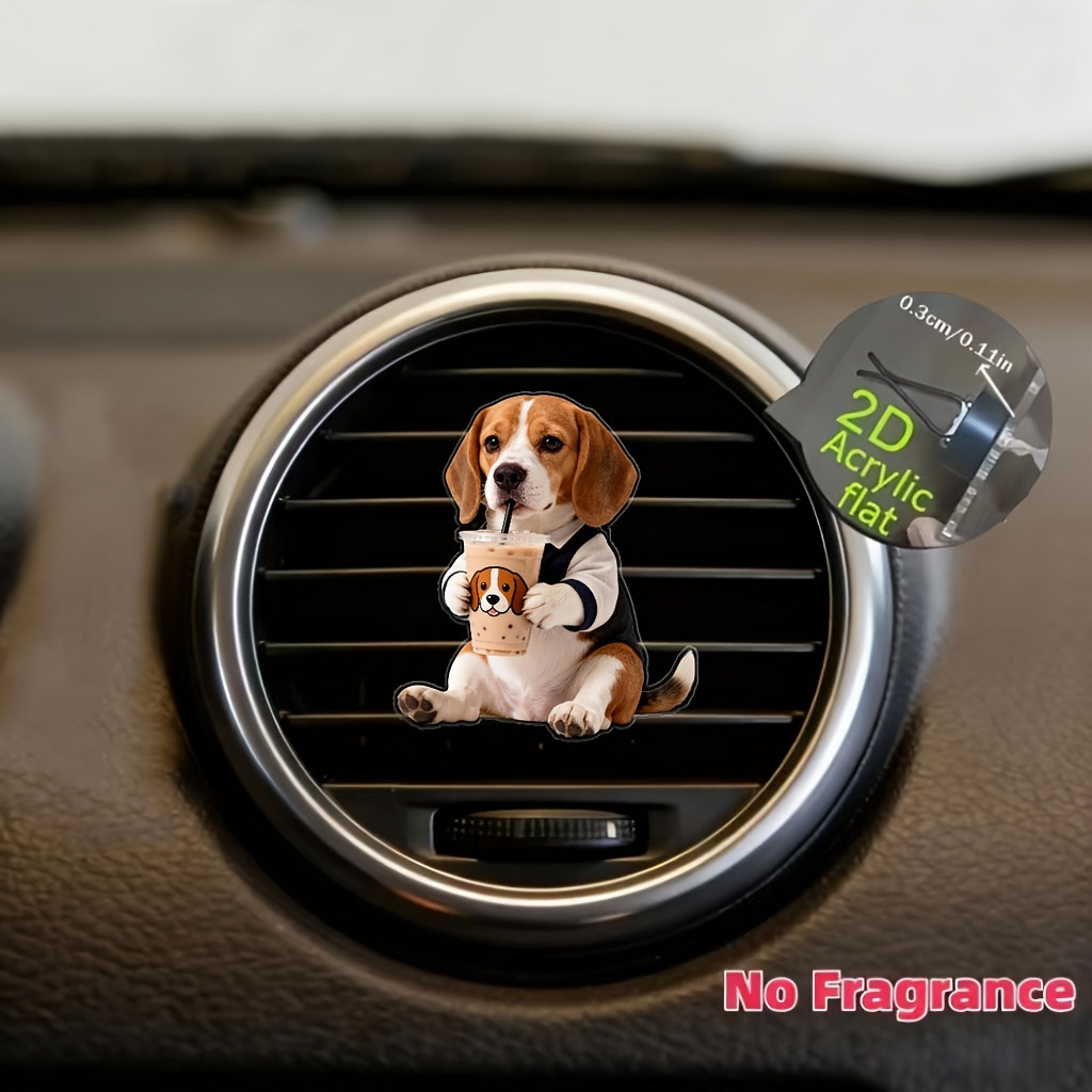 TEMU 2d Flat, 2d , 1pc Cute Beagle Drinking Milk Tea Car Vent Clip, Dog-themed Car Decoration, Includes Sponge Pad, Aromatherapy Diffuser, Interior