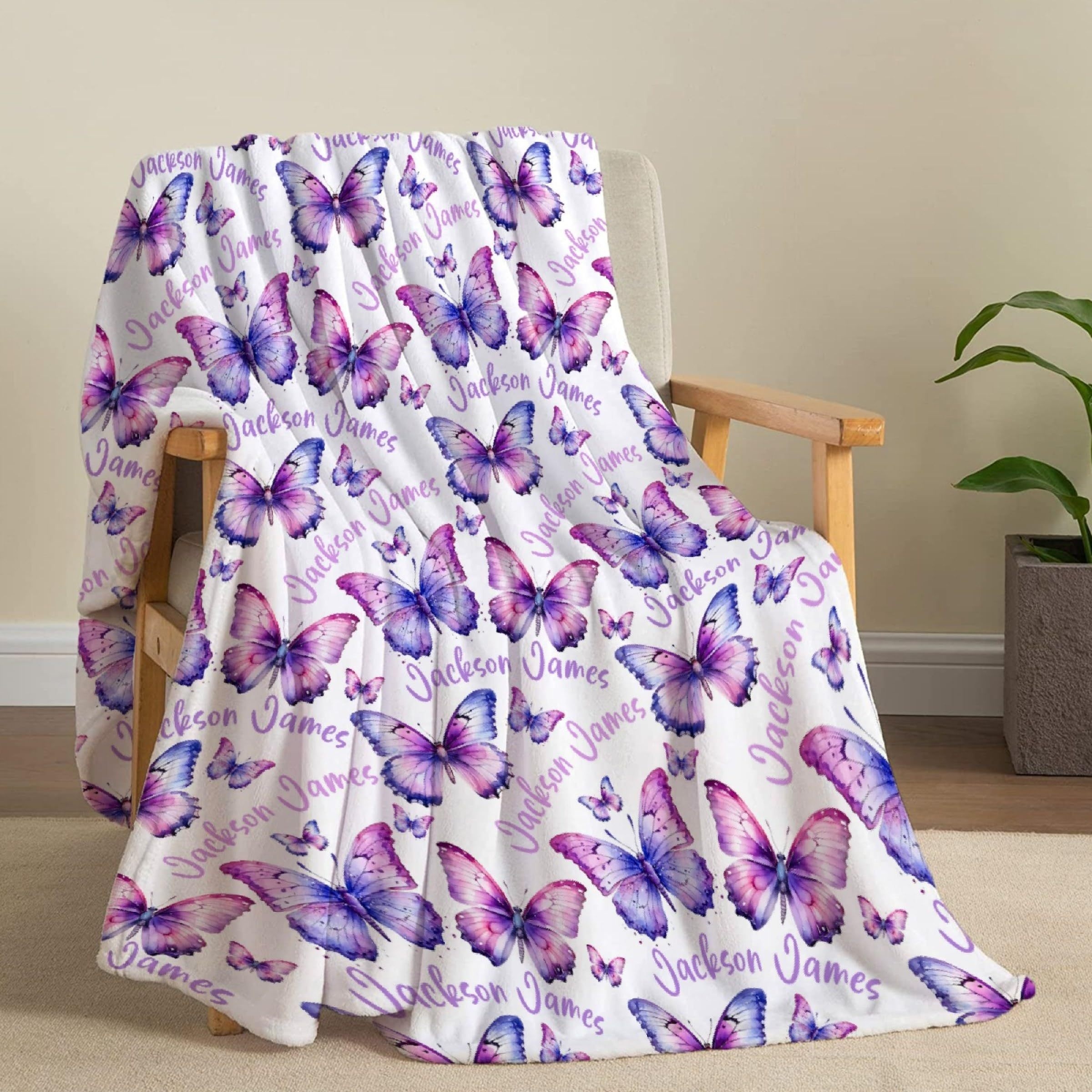 

Personalized Butterfly Print Fleece Blanket - Perfect For Sofa, Bed, Or Office - Custom Name Included - Machine Washable - Contemporary Style - 39.4"x27.5" Or 59"x51" Or 78.7"x59" Available