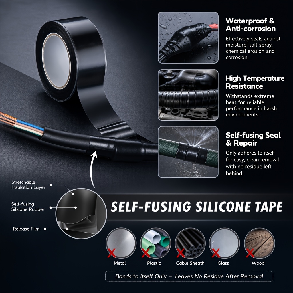 TEMU Self-fusing Silicone Tape High Temp Insulation Wrap For Cables Busbars Motors Marine Pipes Engine Hoses Car Water Pipe Repair, No Residue On