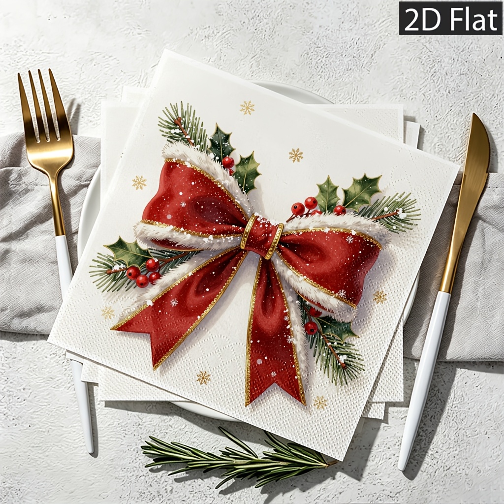 TEMU Serviettes de table jetables plates 2D, 20 pièces, 2 épaisseurs pour plus de durabilité, nœud avec des branches de pin et des décorations de ,