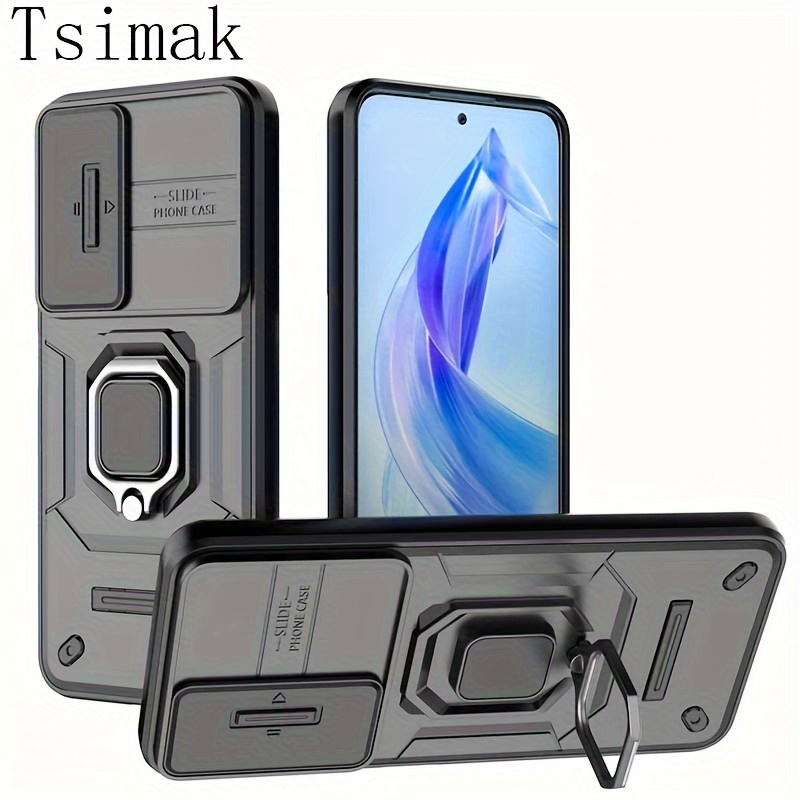Protective Case Compatible with Huawei Honor 90 Lite Case,with Slide Camera  Cover,Metal Ring Kickstand Military Grade Shockproof Hard PC Heavy Duty