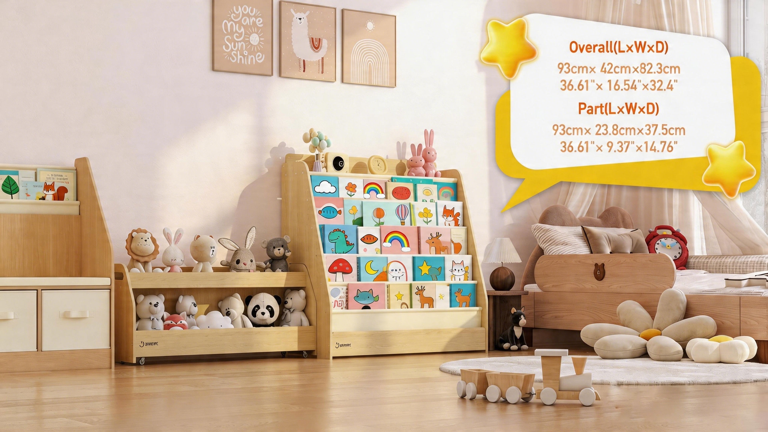 Triple Combination And Book Storage Organizer With Wheels - 5-tier Bookshelf + Mobile Storage Cart With Hidden Drawers, Space-saving Wooden Storage Cabinet, Suitable For Bedrooms, Playrooms, And Nurseries.