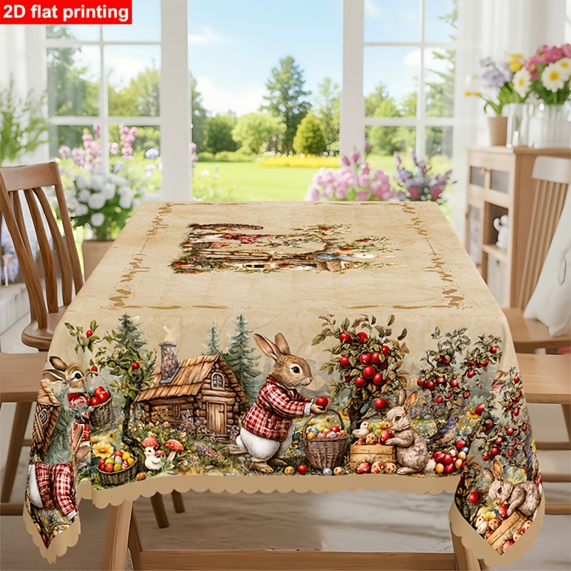 item picture 1pc of 2d flat easter themed party tablecloth with lace trim featuring a     design of spring summer rabbits   hedgehogs and colorful eggs   in rectangular round oval shapes with embossed edges suitable for picnics