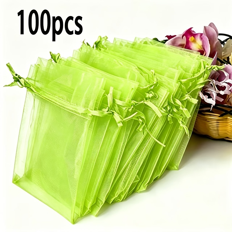TEMU 100 Stück fluoreszierend grüne Organza-Geschenkbeutel mit Kordelzug, transparent, geeignet für Gastgeschenke, Partyzubehör, Schmuck, Süßigkeiten