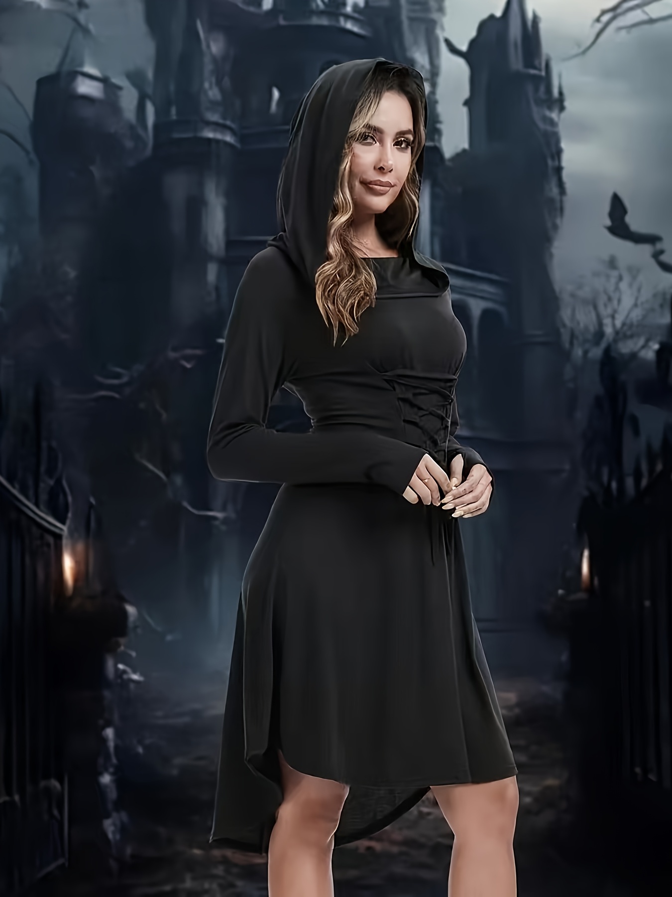 hooded a-line dress womens hood a line length gown asymmetrical hem Size:16P Available to order in burgundy homecoming dresses Backless Dress Low Back