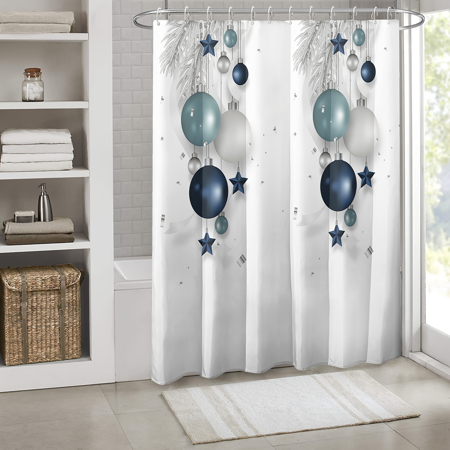 

Christmas Shower Curtain Set Plastic , 180x180 Cm - Polyester Bathroom Curtain Ornaments, , Unlined, For .