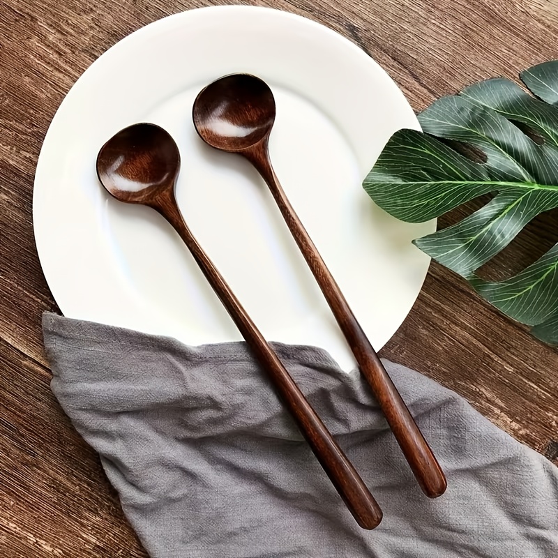 TEMU 2pcs Long Handle Wooden Coffee Spoon, Honey Stirring Spoon, Small Wooden Spoon, Long Handle Wooden Stirring Spoon, Milk Honey Soup Spoon,