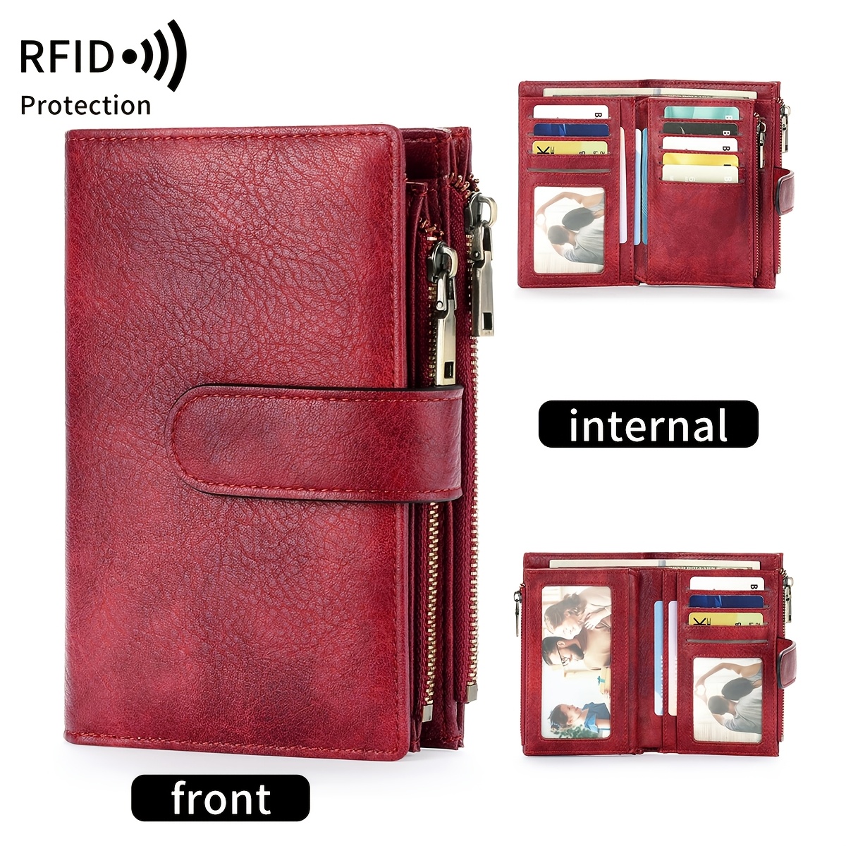 TEMU Porte-monnaie vintage triple pour femmes avec blocage RFID, multi-emplacements pour cartes, porte-photos, double fermeture éclair, poche pour